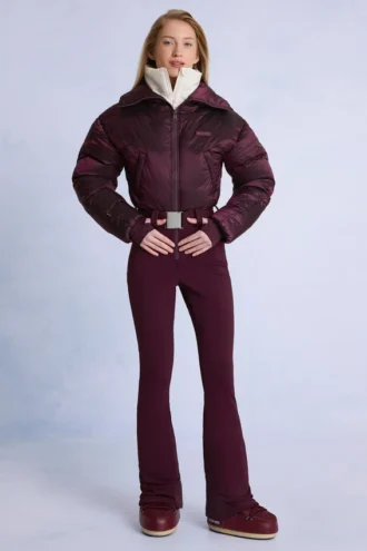 Combinaison de ski imperméable à ceinture et superposée, couleur bordeaux