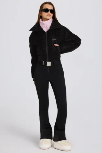 Combinaison de ski imperméable à ceinture, imprimé léopard noir