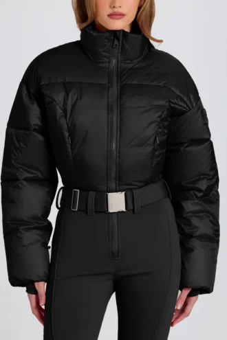 Combinaison de ski rembourrée imperméable avec ceinture, en noir