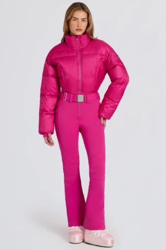 Combinaison de ski rembourrée imperméable avec ceinture, rose magenta