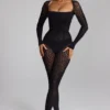 Combinaison Irina à manches longues en maille sans coutures, couleur noire