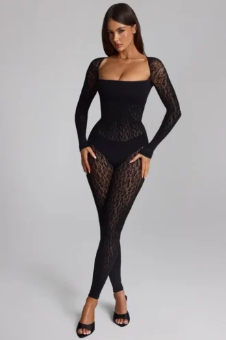 Combinaison Irina à manches longues en maille sans coutures, couleur noire