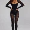 Combinaison Irina à manches longues en maille sans coutures, couleur noire