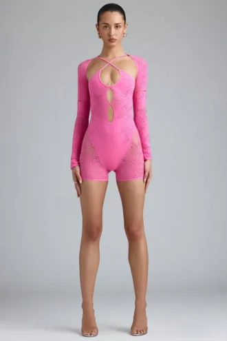 Combinaison-short à découpes et ornements Melody, rose bubble-gum