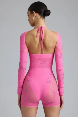 Combinaison-short à découpes et ornements Melody, rose bubble-gum