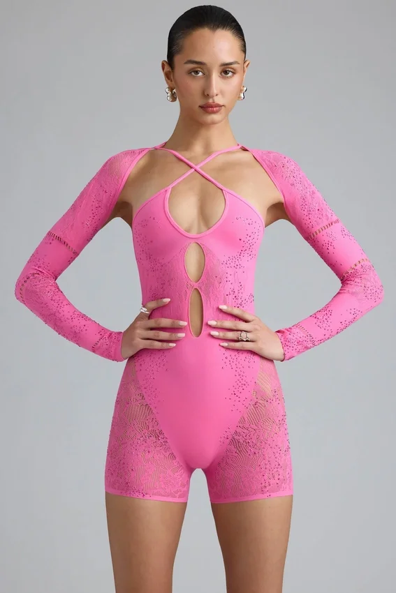 Combinaison-short à découpes et ornements Melody, rose bubble-gum Combinaison-short à découpes et ornements Melody, rose bubble-gum