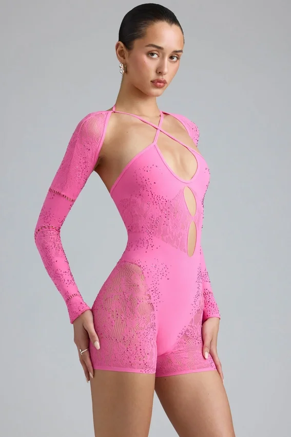 Combinaison-short à découpes et ornements Melody, rose bubble-gum Combinaison-short à découpes et ornements Melody, rose bubble-gum