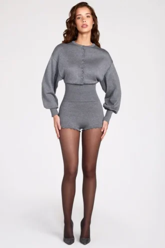 Combinaison-short à manches longues en maille fine Moya, couleur grise