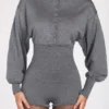 Combinaison-short à manches longues en maille fine Moya, couleur grise