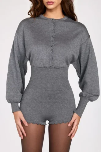 Combinaison-short à manches longues en maille fine Moya, couleur grise