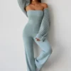 Combinaison évasée à bandeau en maille épaisse, couleur bleu sarcelle poudré Combinaison évasée à bandeau en maille épaisse, couleur bleu sarcelle poudré