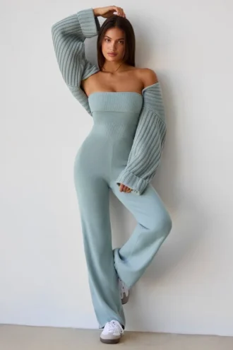 Combinaison évasée à bandeau en maille épaisse, couleur bleu sarcelle poudré