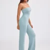 Combinaison évasée à bandeau en maille épaisse, couleur bleu sarcelle poudré Combinaison évasée à bandeau en maille épaisse, couleur bleu sarcelle poudré