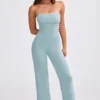 Combinaison évasée à bandeau en maille épaisse, couleur bleu sarcelle poudré Combinaison évasée à bandeau en maille épaisse, couleur bleu sarcelle poudré