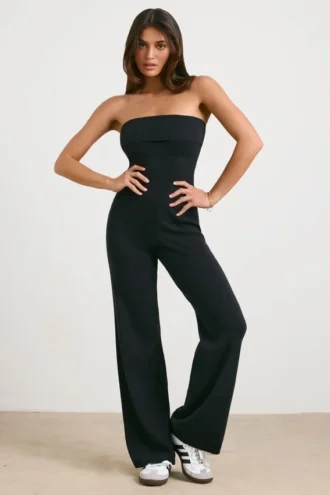 Combinaison évasée à bandeau en maille épaisse, couleur noire