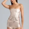 Combishort-corset en denim métallisé avec ceinture « Sasha » en champagne Combishort-corset en denim métallisé avec ceinture « Sasha » en champagne