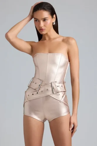 Combishort-corset en denim métallisé avec ceinture « Sasha » en champagne