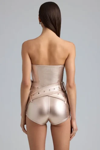 Combishort-corset en denim métallisé avec ceinture « Sasha » en champagne
