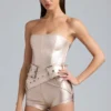 Combishort-corset en denim métallisé avec ceinture « Sasha » en champagne Combishort-corset en denim métallisé avec ceinture « Sasha » en champagne