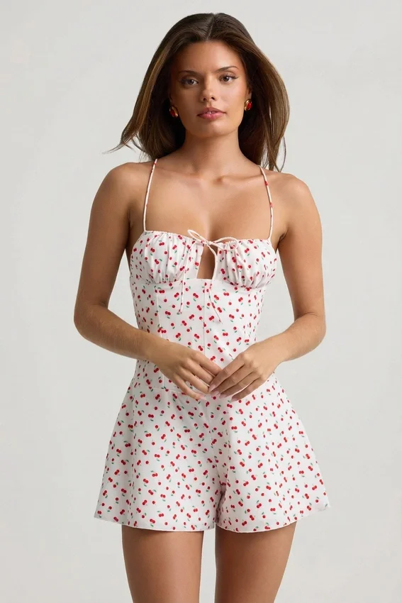 Combishort dos nu froncée Helaia à imprimé cerise Combishort dos nu froncée Helaia à imprimé cerise