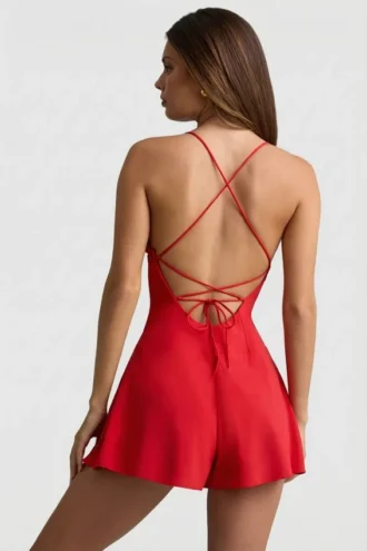 Combishort Helaia à dos nu froncé, rouge écarlate