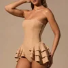 Combishort à volants et lacets Marivelle, couleur beige