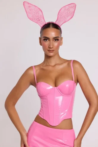 Corset crop top à armatures en vinyle Cassandra, rose
