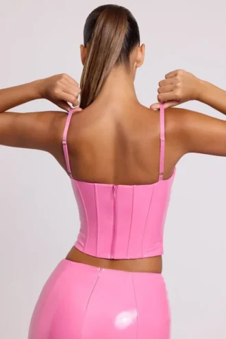 Corset crop top à armatures en vinyle Cassandra, rose