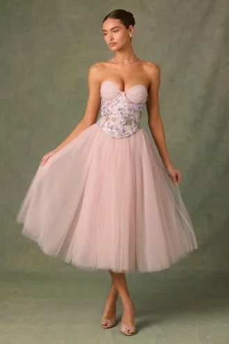 Corset sans bonnets à lacets Elia orné de dentelle, rose floral