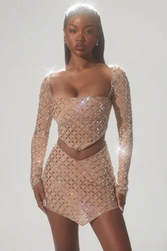 Crop top asymétrique orné Thora, couleur amande