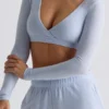 Crop top en jersey brossé à col en V, bleu clair Crop top en jersey brossé à col en V, bleu clair