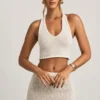 Crop top Gianna à col dos nu en bouclé blanc Crop top Gianna à col dos nu en bouclé blanc