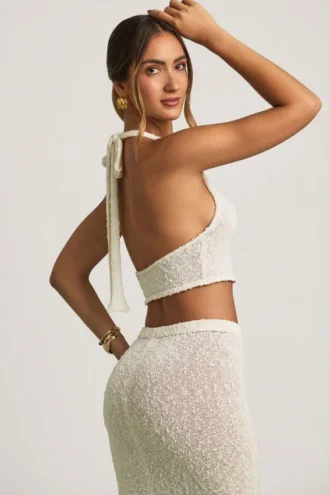 Crop top Gianna à col dos nu en bouclé blanc