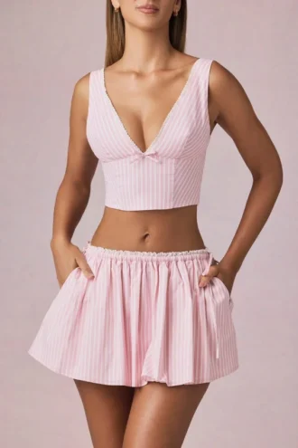Crop top Magda à nœud, rayures mauve pâle