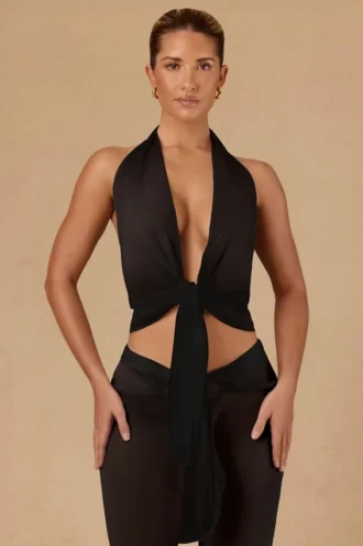 Crop top à nouer sur le devant et à dos nu Harbour, noir