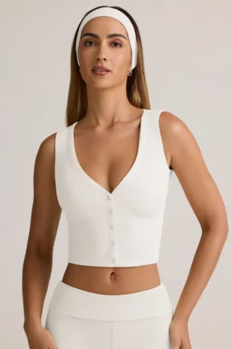 Débardeur boutonné à côtes en modal Lene, blanc