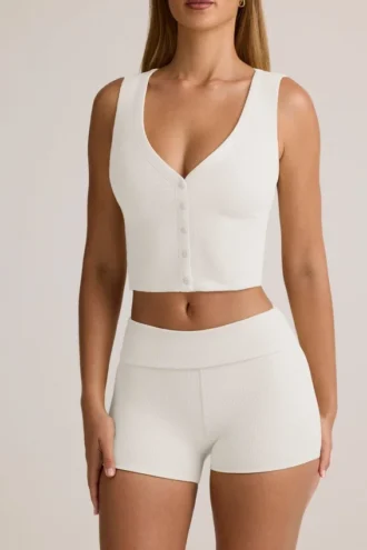 Débardeur boutonné à côtes en modal Lene, blanc