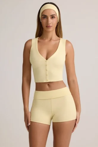 Débardeur à boutons en modal côtelé Lene, couleur jaune crème
