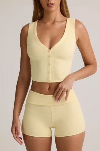 Débardeur à boutons en modal côtelé Lene, couleur jaune crème