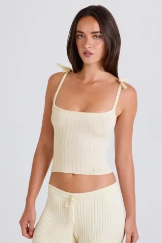 Débardeur en maille côtelée à nouer, couleur crème
