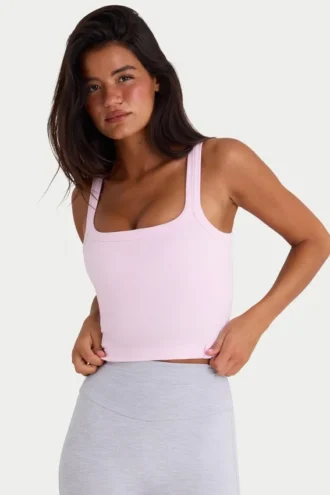 Débardeur à encolure carrée en modal côtelé doux sans coutures, rose poudré