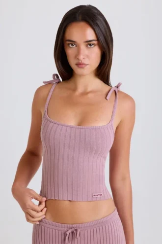 Débardeur à nouer en maille côtelée, couleur mauve