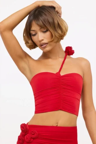 Haut asymétrique en jersey moulant avec détails roses Tesia, rouge écarlate