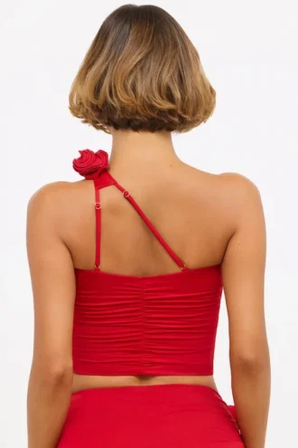 Haut asymétrique en jersey moulant avec détails roses Tesia, rouge écarlate