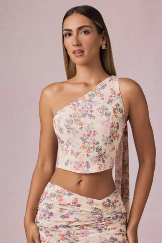 Haut asymétrique à motif floral primevère avec détail foulard Rae
