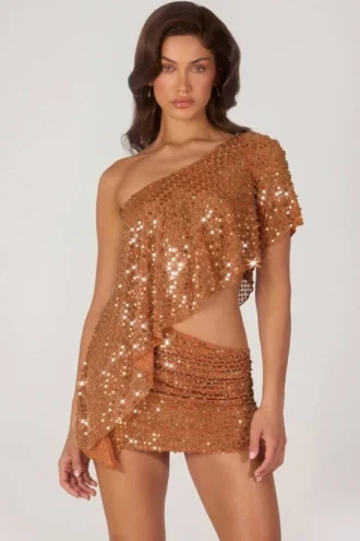 Haut asymétrique à une épaule Callista orné de broderies, couleur bronze