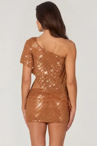 Haut asymétrique à une épaule Callista orné de broderies, couleur bronze