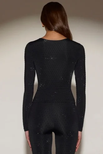 Haut à col rond et manches longues Venia orné de strass, noir