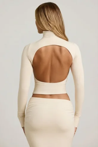 Haut à col roulé dos nu froncé Auri en modal, couleur ivoire
