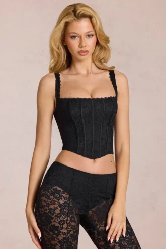 Haut corset ajustable à encolure dégagée en dentelle Jemara, noir